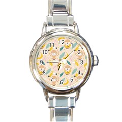 Cute-monkey-banana-seamless-pattern-background Round Italian Charm Watch