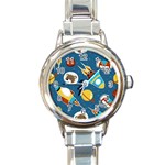 Seamless-pattern-vector-with-spacecraft-funny-animals-astronaut Round Italian Charm Watch Front