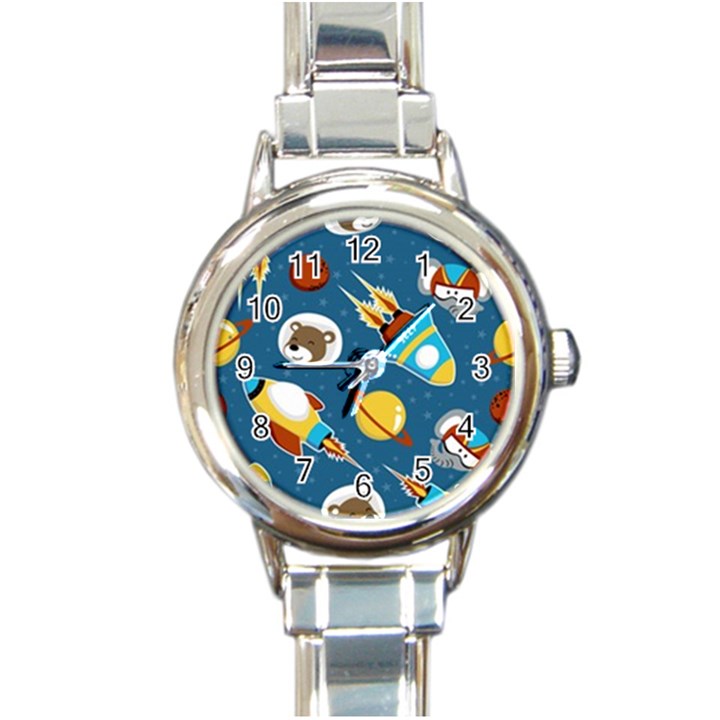 Seamless-pattern-vector-with-spacecraft-funny-animals-astronaut Round Italian Charm Watch