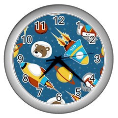 Seamless-pattern-vector-with-spacecraft-funny-animals-astronaut Wall Clock (silver)