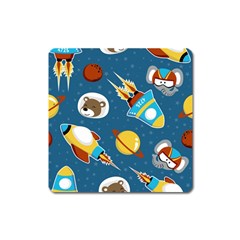 Seamless-pattern-vector-with-spacecraft-funny-animals-astronaut Square Magnet by Jancukart