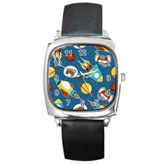 Seamless-pattern-vector-with-spacecraft-funny-animals-astronaut Square Metal Watch by Jancukart