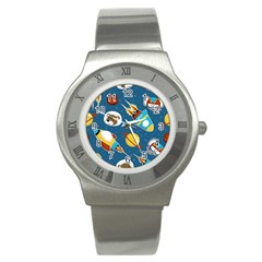 Seamless-pattern-vector-with-spacecraft-funny-animals-astronaut Stainless Steel Watch by Jancukart