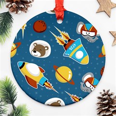 Seamless-pattern-vector-with-spacecraft-funny-animals-astronaut Round Ornament (two Sides) by Jancukart