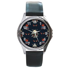 Floral-bugs-seamless-pattern Round Metal Watch