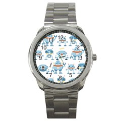 Seamless Pattern With Funny Robot Cartoon Sport Metal Watch by Jancukart