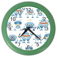 Seamless Pattern With Funny Robot Cartoon Color Wall Clock