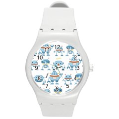 Seamless Pattern With Funny Robot Cartoon Round Plastic Sport Watch (m)