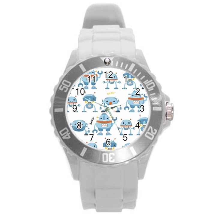 Seamless pattern with funny robot cartoon Round Plastic Sport Watch (L)