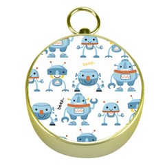 Seamless Pattern With Funny Robot Cartoon Gold Compasses by Jancukart