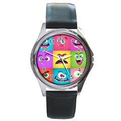 Monsters Emotions Scary Faces Masks With Mouth Eyes Aliens Monsters Emoticon Set Round Metal Watch by Jancukart