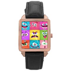 Monsters Emotions Scary Faces Masks With Mouth Eyes Aliens Monsters Emoticon Set Rose Gold Leather Watch  by Jancukart