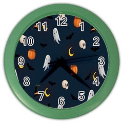 Halloween Ghost Pumpkin Bat Skull Color Wall Clock by artworkshop