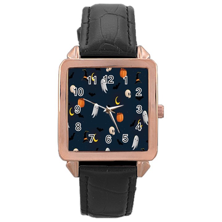 Halloween Ghost Pumpkin Bat Skull Rose Gold Leather Watch 