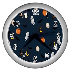 Halloween Ghost Pumpkin Bat Skull Wall Clock (silver) by artworkshop