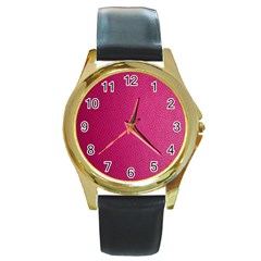 Pink Leather Leather Texture Skin Texture Round Gold Metal Watch by artworkshop