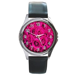 Pink Flowers Roses Round Metal Watch by artworkshop