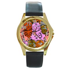 Tileable Seamless Cat Kitty Round Gold Metal Watch by artworkshop