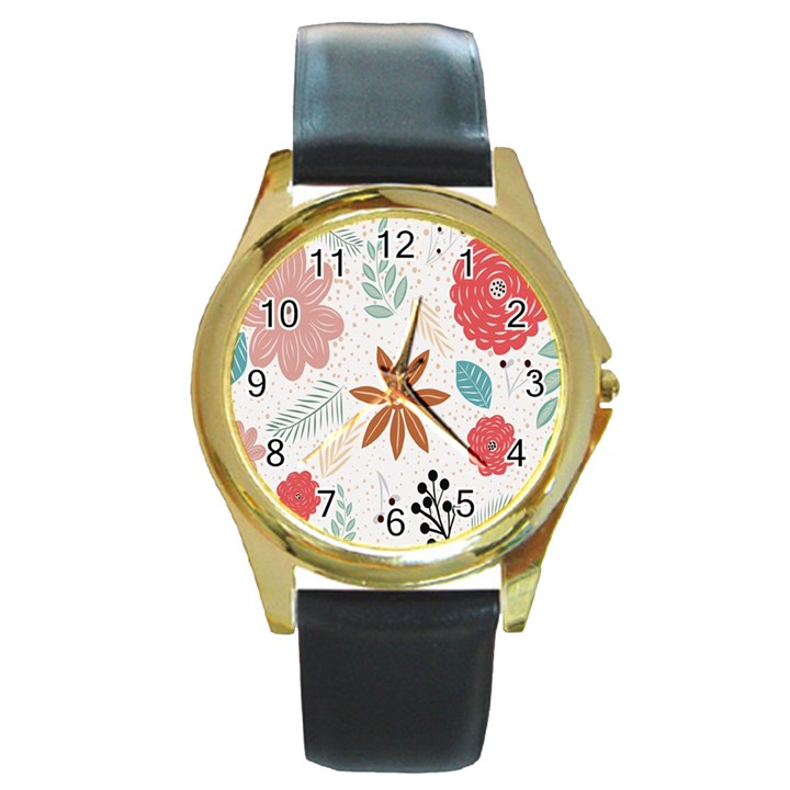 Nature Flora Round Gold Metal Watch