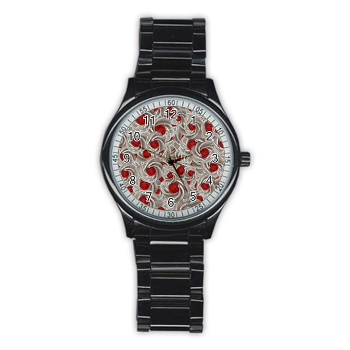 Cream With Cherries Motif Random Pattern Stainless Steel Round Watch