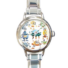 Vector-set-funny-robots-cartoon Round Italian Charm Watch