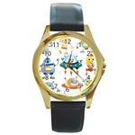 Vector-set-funny-robots-cartoon Round Gold Metal Watch Front