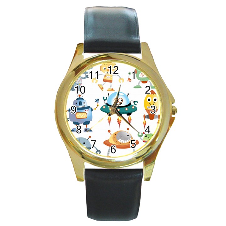 Vector-set-funny-robots-cartoon Round Gold Metal Watch