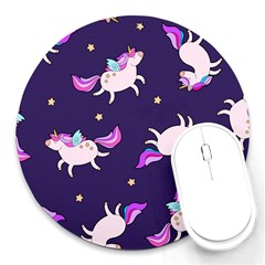 Fantasy-fat-unicorn-horse-pattern-fabric-design Round Mousepads by Jancukart