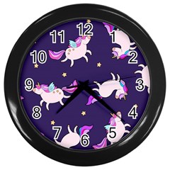 Fantasy-fat-unicorn-horse-pattern-fabric-design Wall Clock (black) by Jancukart