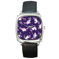 Fantasy-fat-unicorn-horse-pattern-fabric-design Square Metal Watch by Jancukart