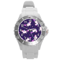 Fantasy-fat-unicorn-horse-pattern-fabric-design Round Plastic Sport Watch (l) by Jancukart