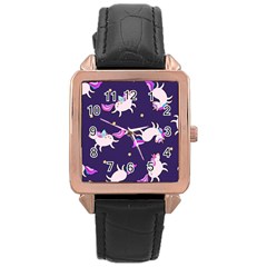 Fantasy-fat-unicorn-horse-pattern-fabric-design Rose Gold Leather Watch 