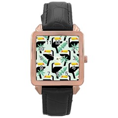 Seamless-tropical-pattern-with-birds Rose Gold Leather Watch 