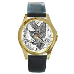 Owl-animals-wild-jungle-nature Round Gold Metal Watch