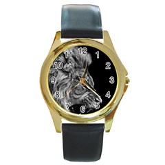 Angry Male Lion Round Gold Metal Watch