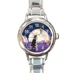 Cat-kitty-mouse-mice-escape-trick Round Italian Charm Watch