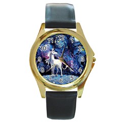 Unicorn Starry Night Round Gold Metal Watch