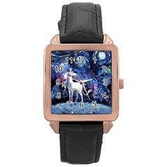 Unicorn Starry Night Rose Gold Leather Watch  by Jancukart