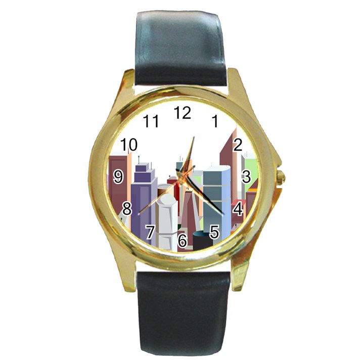 City-urban-buildings-skyscraper Round Gold Metal Watch