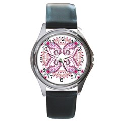 Pink Flower Cartoon Round Metal Watch by Jancukart