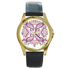 Pink Flower Cartoon Round Gold Metal Watch