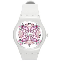 Pink Flower Cartoon Round Plastic Sport Watch (m)