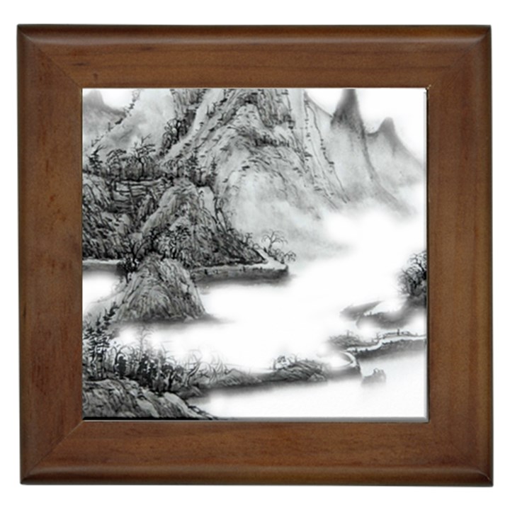 Ink-wash-painting-mountain-rolling-mountains Framed Tile