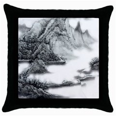 Ink-wash-painting-mountain-rolling-mountains Throw Pillow Case (black) by Jancukart