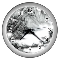 Ink-wash-painting-mountain-rolling-mountains Wall Clock (silver) by Jancukart