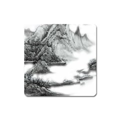 Ink-wash-painting-mountain-rolling-mountains Square Magnet