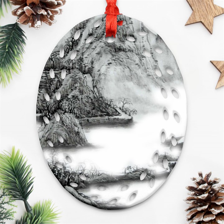 Ink-wash-painting-mountain-rolling-mountains Ornament (Oval Filigree)