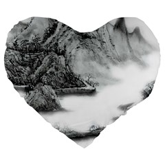 Ink-wash-painting-mountain-rolling-mountains Large 19  Premium Flano Heart Shape Cushions