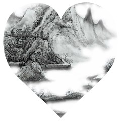 Ink-wash-painting-mountain-rolling-mountains Wooden Puzzle Heart by Jancukart