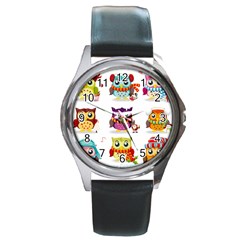 Cartoon-cute-owl-vector Round Metal Watch